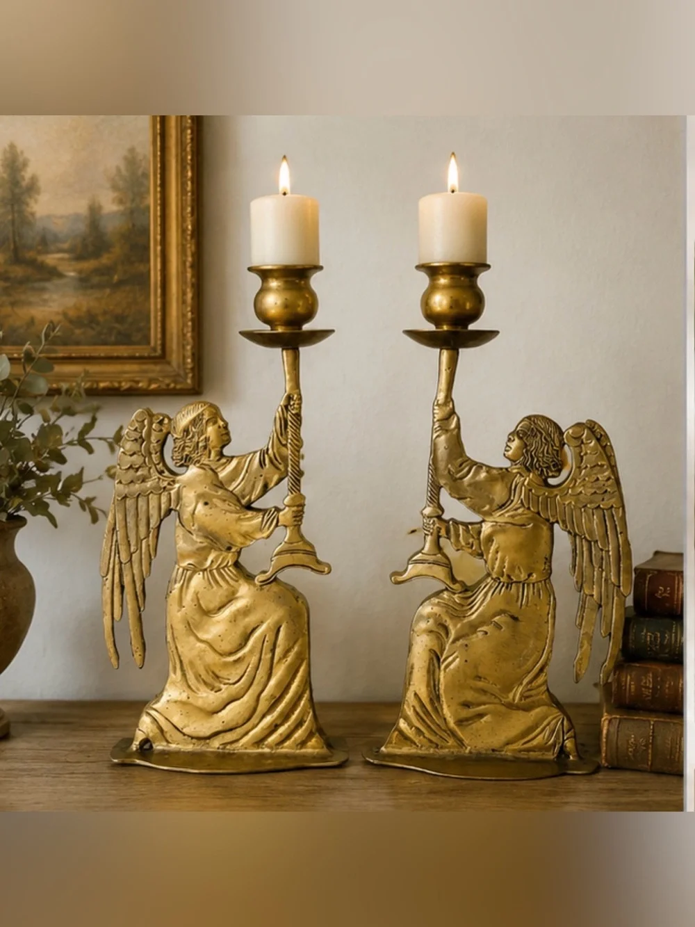 Vintage Solid Brass Kneeling Angel Candlestick Holders Pair | French Country